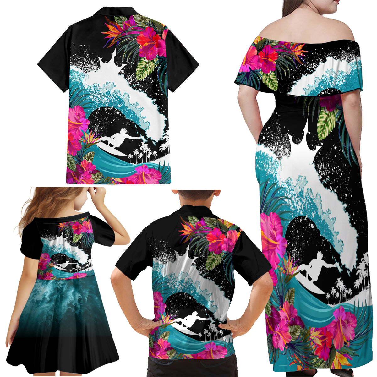 Hawaii Surfing Family Matching Off Shoulder Maxi Dress and Hawaiian Shirt Triple Crown Rides The Waves LT7 - Wonder Print Shop