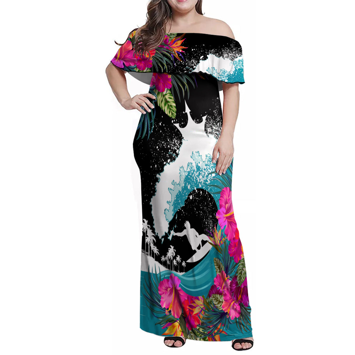 Hawaii Surfing Family Matching Off Shoulder Maxi Dress and Hawaiian Shirt Triple Crown Rides The Waves LT7 - Wonder Print Shop