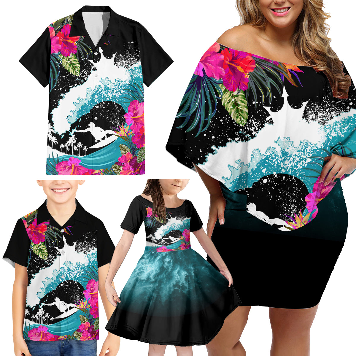 Hawaii Surfing Family Matching Off Shoulder Short Dress and Hawaiian Shirt Triple Crown Rides The Waves LT7 - Wonder Print Shop
