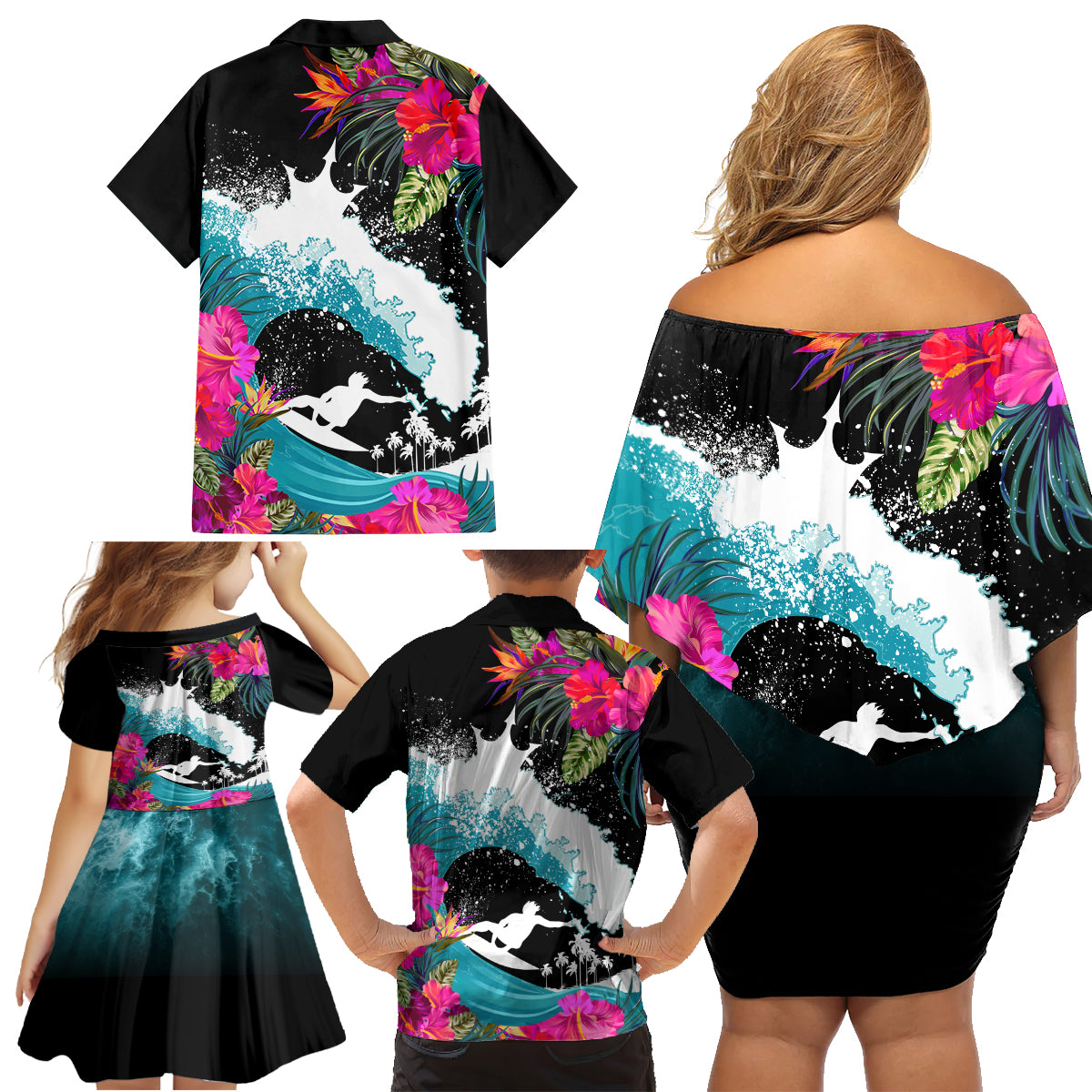 Hawaii Surfing Family Matching Off Shoulder Short Dress and Hawaiian Shirt Triple Crown Rides The Waves LT7 - Wonder Print Shop