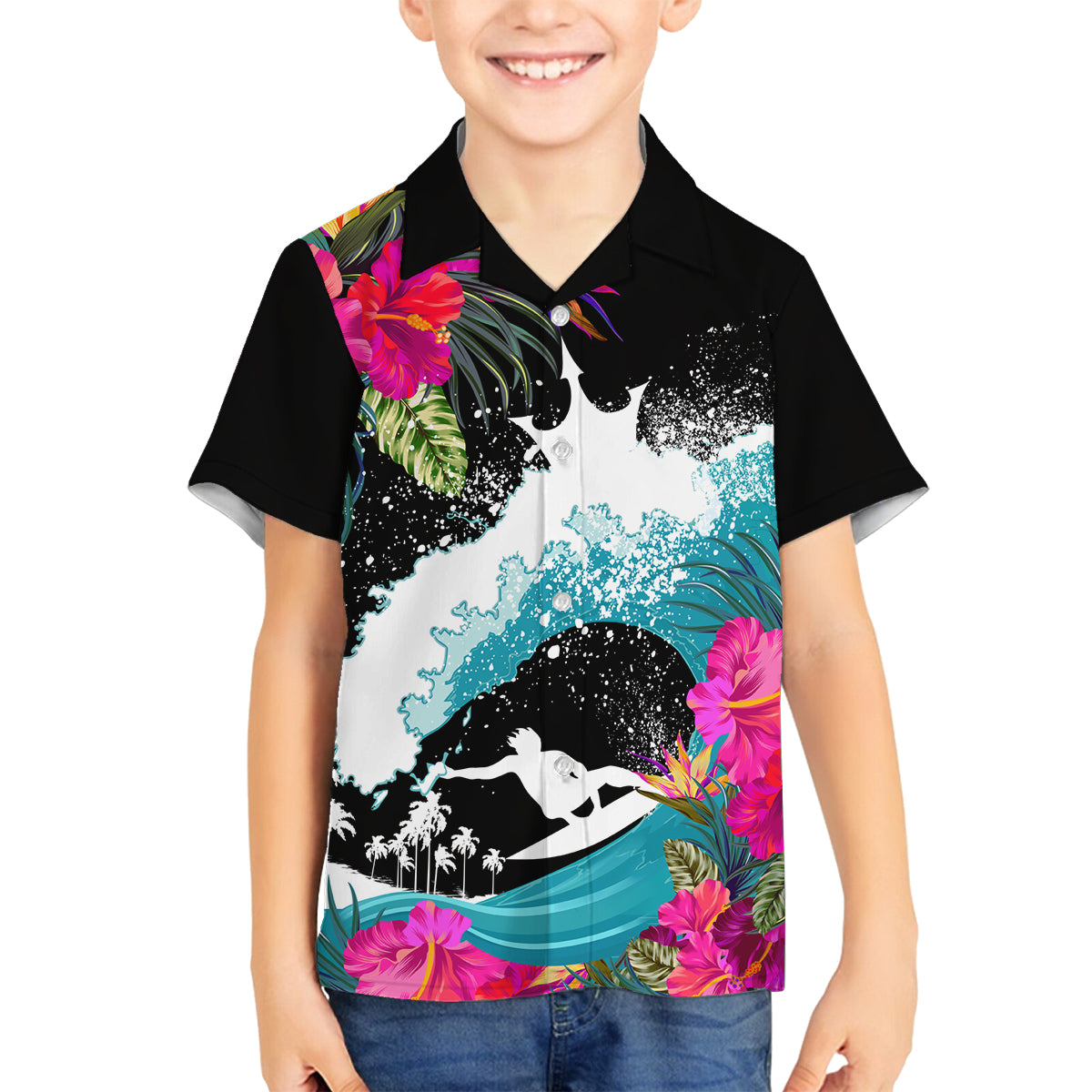 Hawaii Surfing Family Matching Off Shoulder Short Dress and Hawaiian Shirt Triple Crown Rides The Waves LT7 - Wonder Print Shop