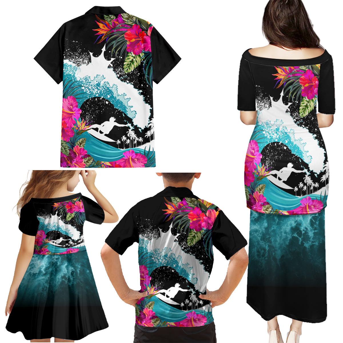 Hawaii Surfing Family Matching Puletasi Dress and Hawaiian Shirt Triple Crown Rides The Waves - Wonder Print Shop