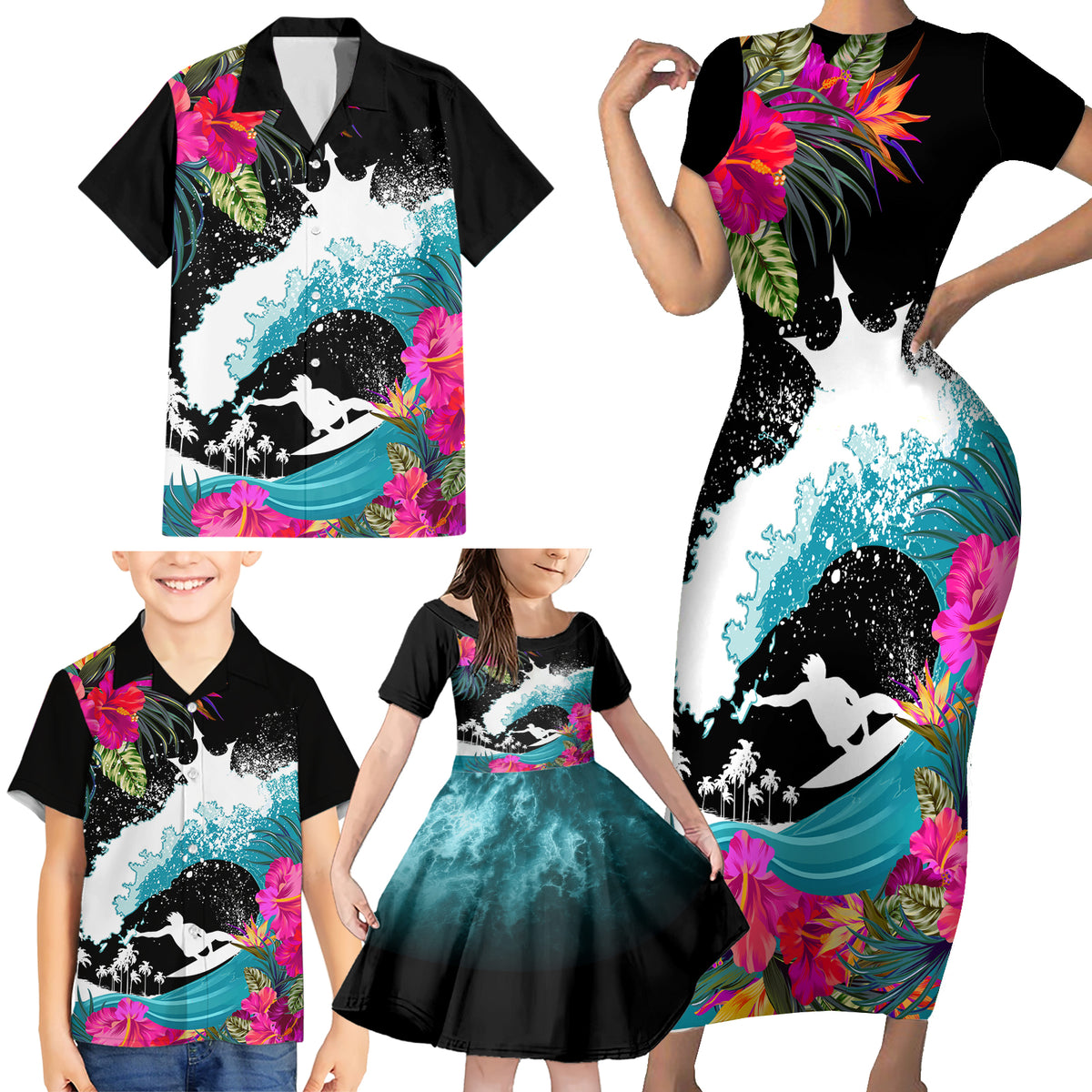 Hawaii Surfing Family Matching Short Sleeve Bodycon Dress and Hawaiian Shirt Triple Crown Rides The Waves - Wonder Print Shop