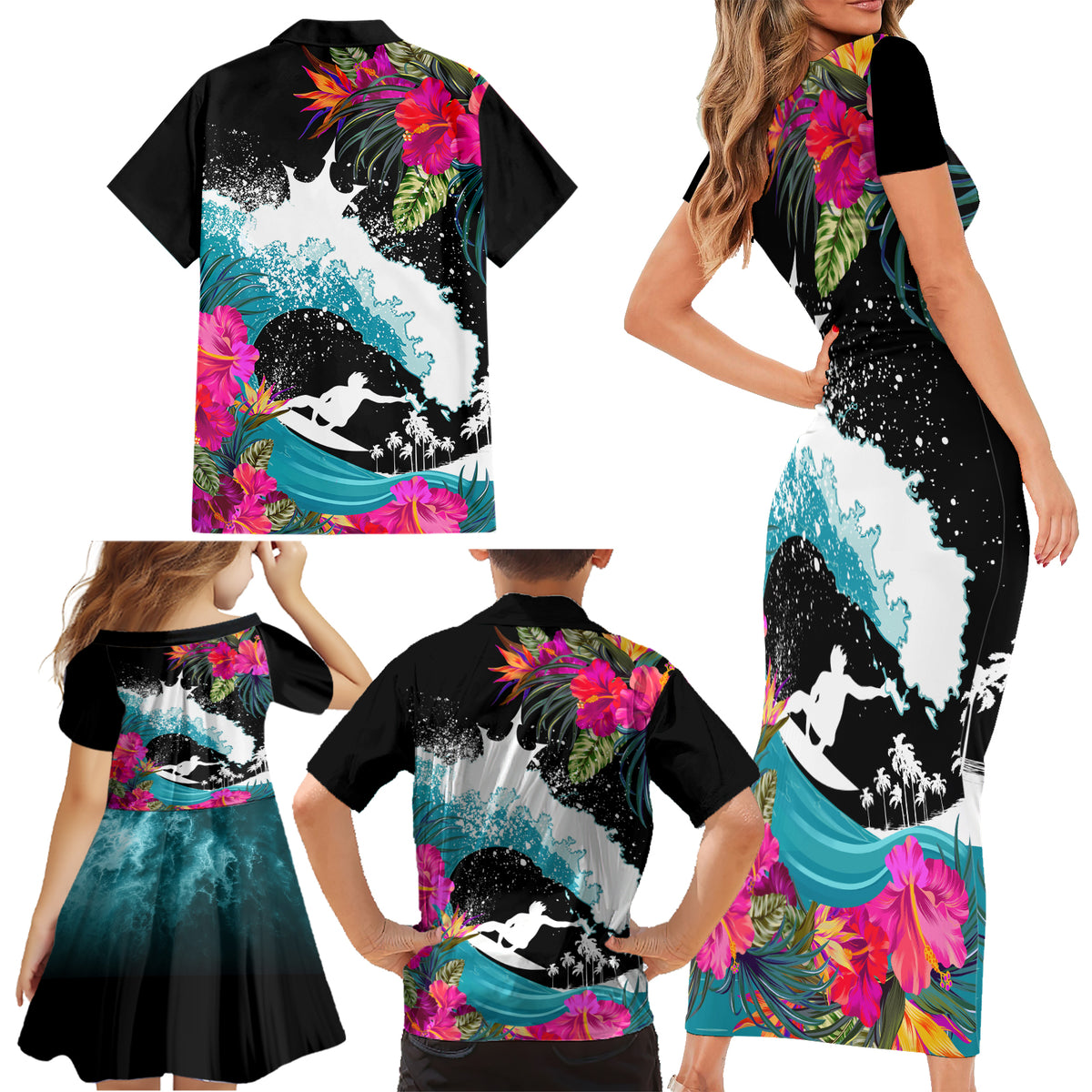 Hawaii Surfing Family Matching Short Sleeve Bodycon Dress and Hawaiian Shirt Triple Crown Rides The Waves - Wonder Print Shop
