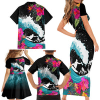 Hawaii Surfing Family Matching Short Sleeve Bodycon Dress and Hawaiian Shirt Triple Crown Rides The Waves - Wonder Print Shop