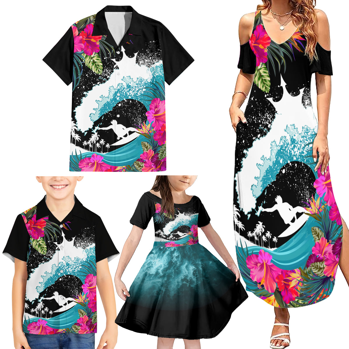 Hawaii Surfing Family Matching Summer Maxi Dress and Hawaiian Shirt Triple Crown Rides The Waves - Wonder Print Shop
