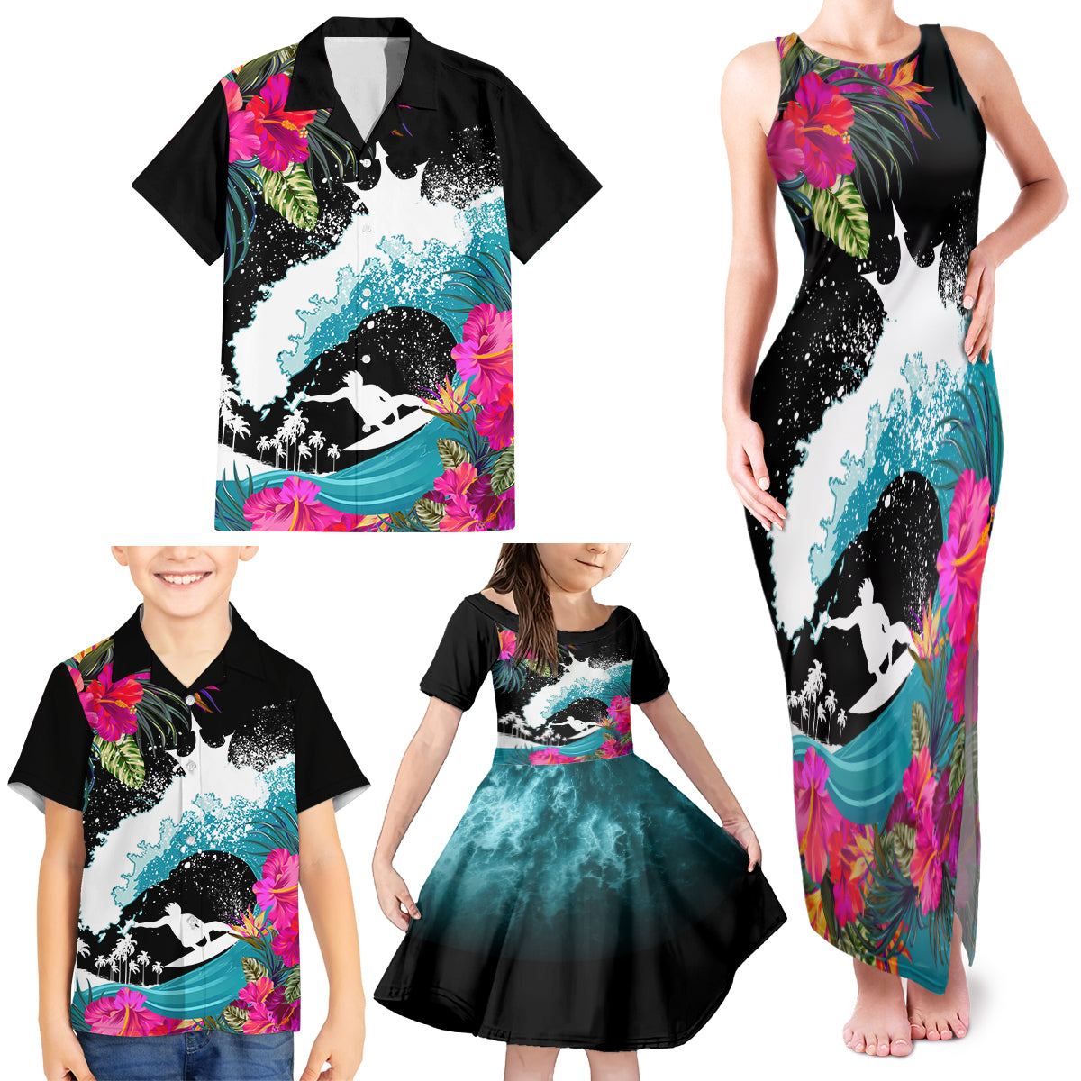 Hawaii Surfing Family Matching Tank Maxi Dress and Hawaiian Shirt Triple Crown Rides The Waves - Wonder Print Shop