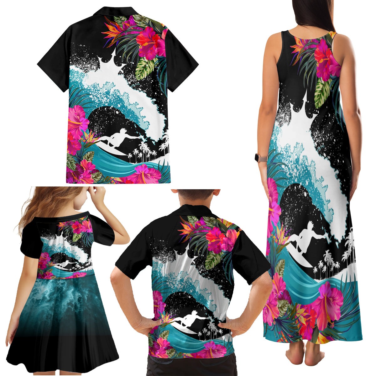 Hawaii Surfing Family Matching Tank Maxi Dress and Hawaiian Shirt Triple Crown Rides The Waves - Wonder Print Shop