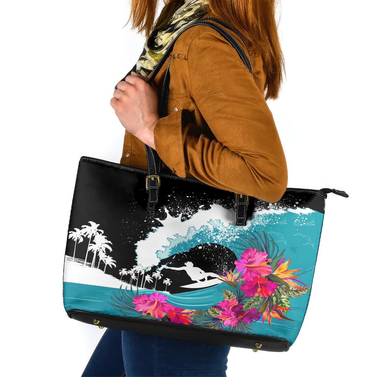 Hawaii Surfing Leather Tote Bag Triple Crown Rides The Waves - Wonder Print Shop