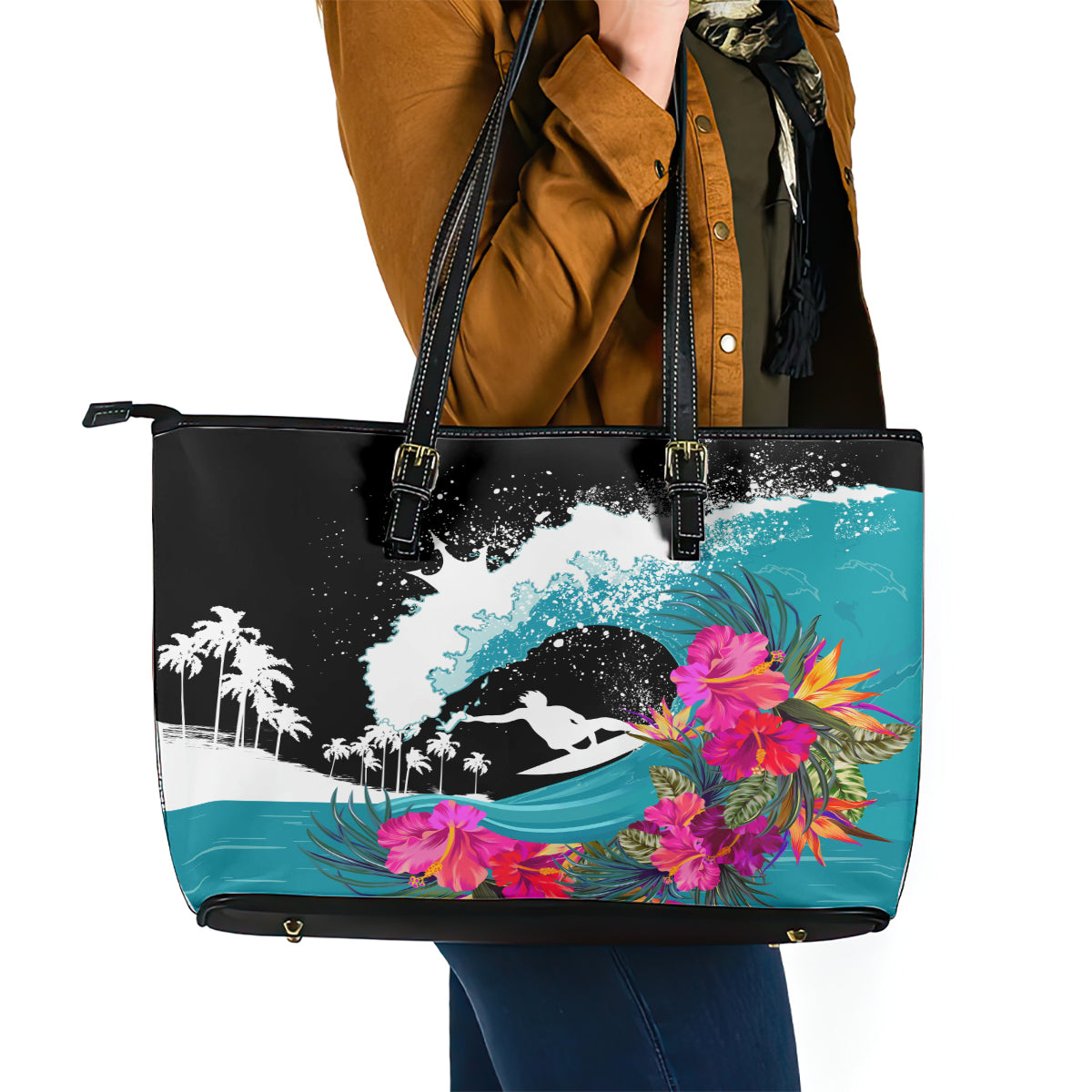 Hawaii Surfing Leather Tote Bag Triple Crown Rides The Waves - Wonder Print Shop