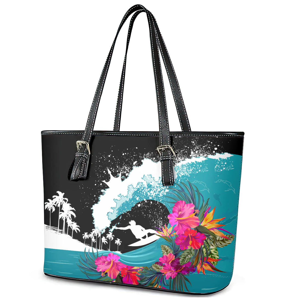 Hawaii Surfing Leather Tote Bag Triple Crown Rides The Waves - Wonder Print Shop