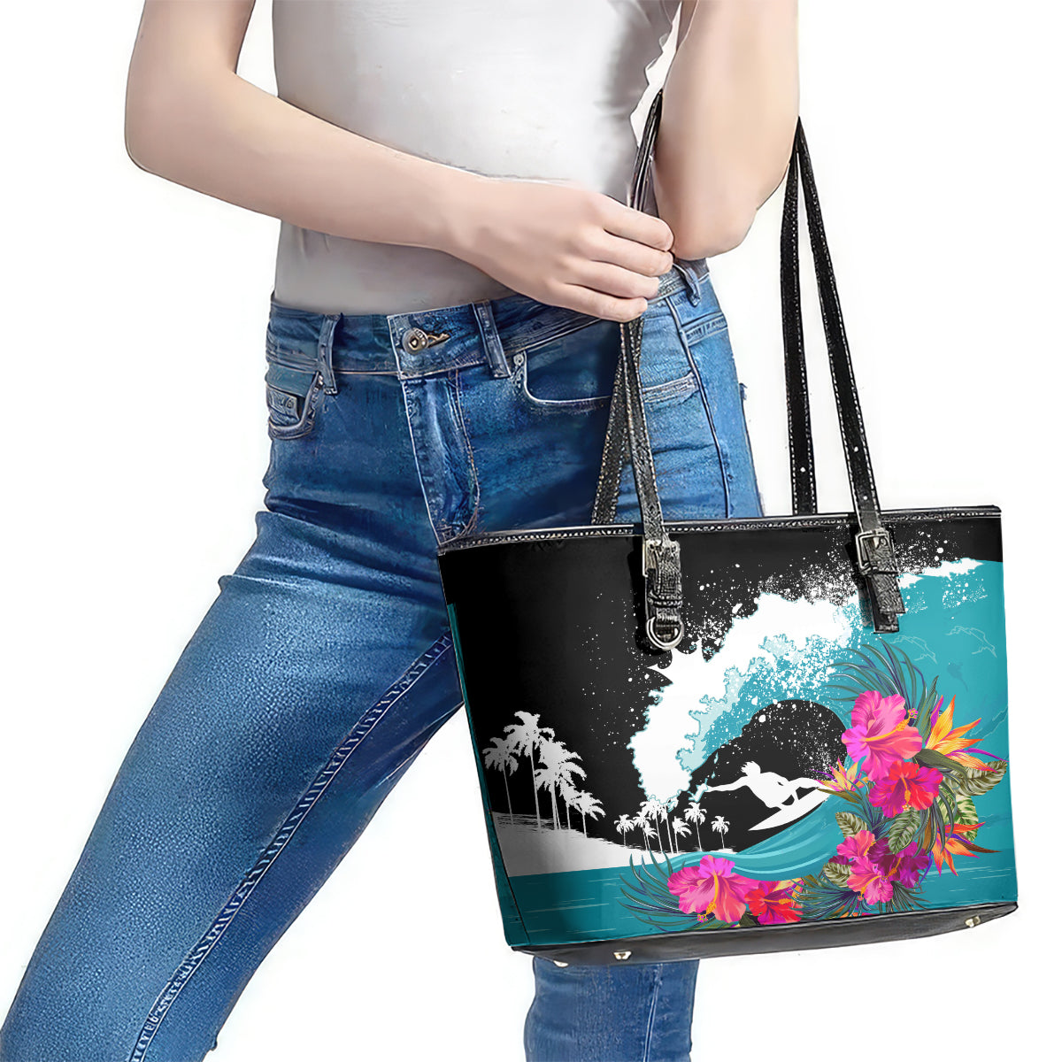 Hawaii Surfing Leather Tote Bag Triple Crown Rides The Waves - Wonder Print Shop