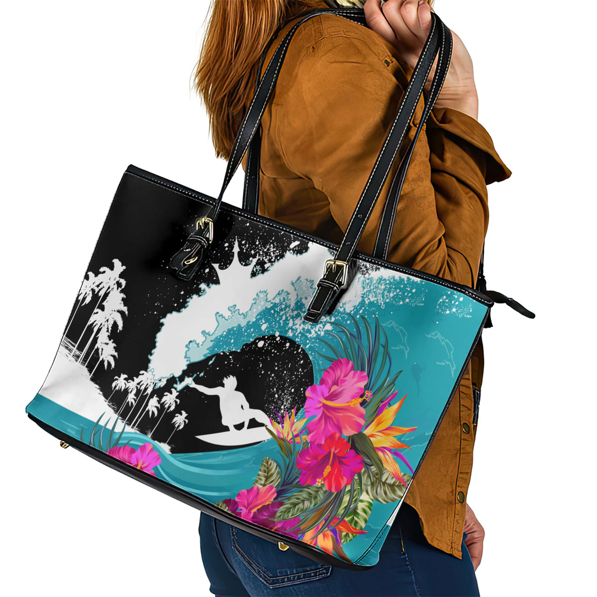 Hawaii Surfing Leather Tote Bag Triple Crown Rides The Waves - Wonder Print Shop
