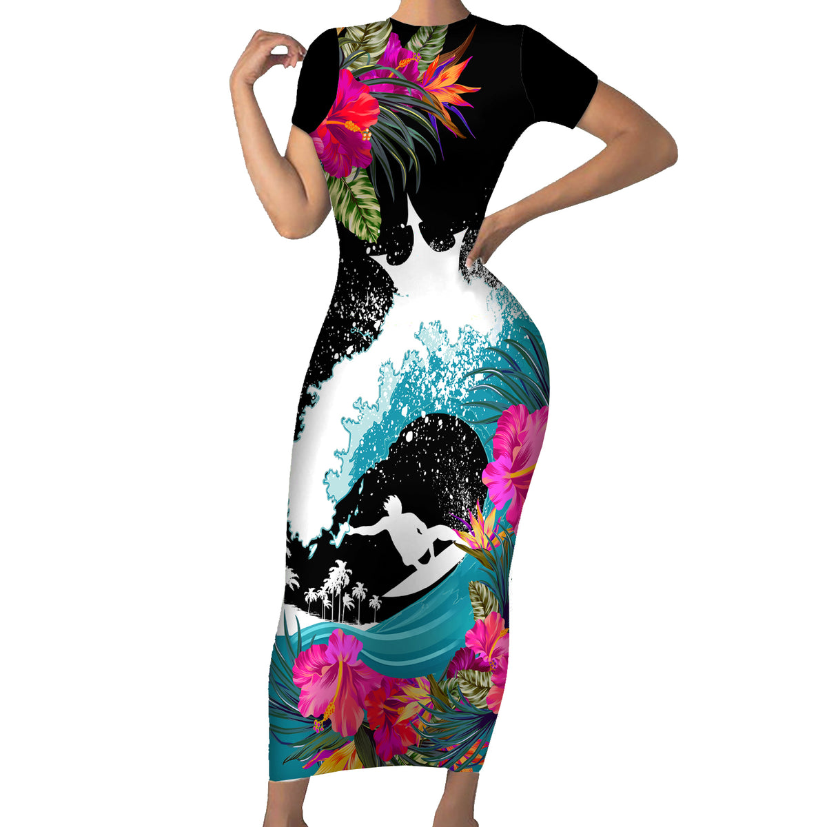 Hawaii Surfing Short Sleeve Bodycon Dress Triple Crown Rides The Waves - Wonder Print Shop