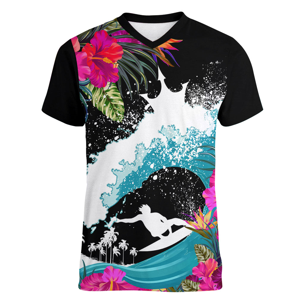 Hawaii Surfing Women V Neck T Shirt Triple Crown Rides The Waves - Wonder Print Shop