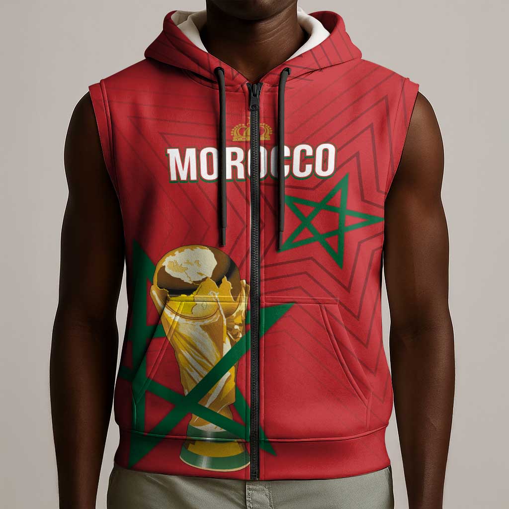 Morocco Football WC2026 Custom Sleeveless Zip Hoodie Atlas Lions - Conquer The World - Wonder Print Shop
