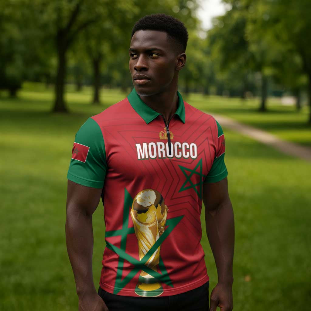 Morocco Football WC2026 Custom Zipper Polo Shirt Atlas Lions - Conquer The World - Wonder Print Shop