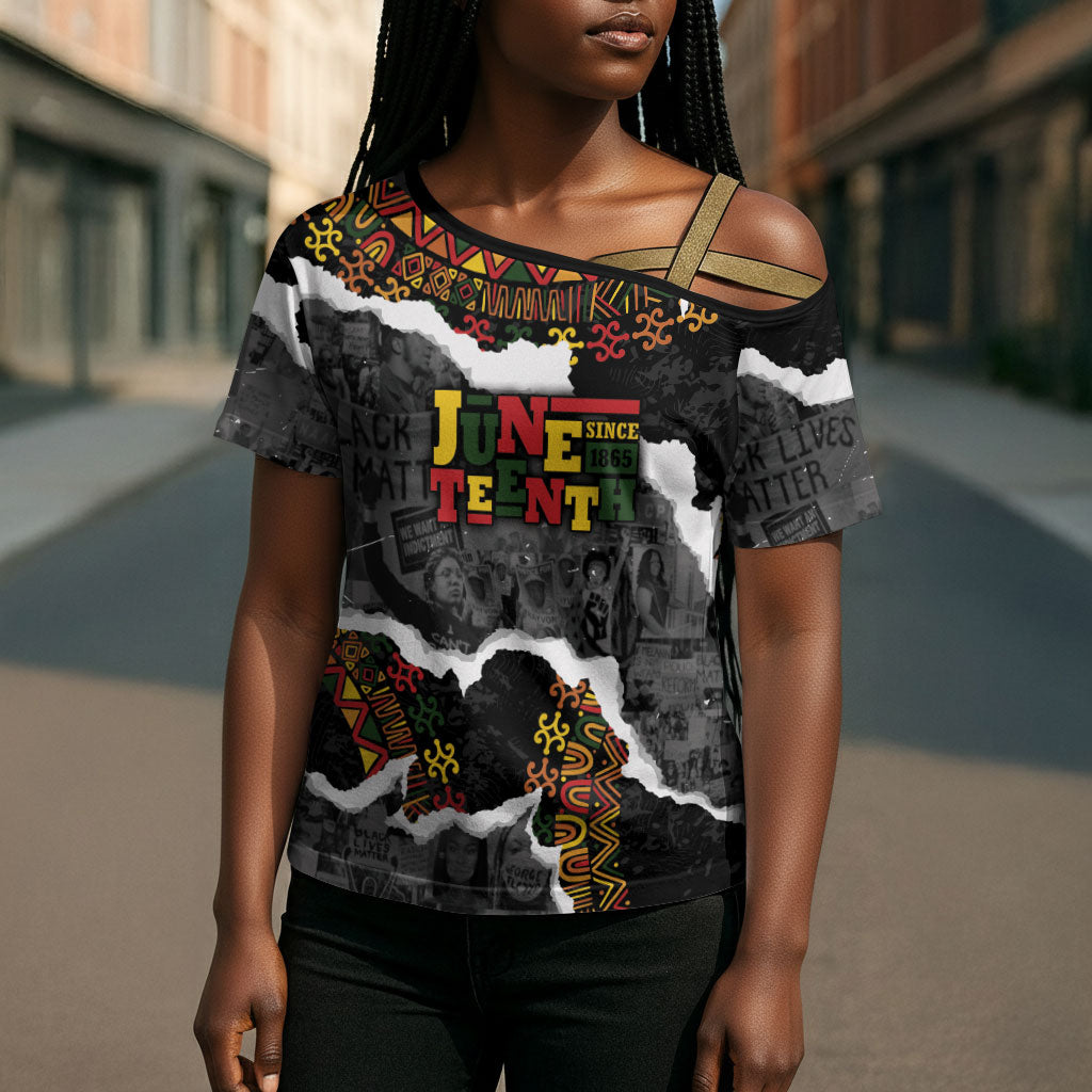 Juneteenth Freedom Day Personalized Grunge Ethnic Motif Cross Shoulder Shirt Black History