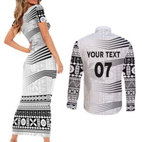 Personalised Fiji Rugby Couples Matching Short Sleeve Bodycon Dress and Long Sleeve Button Shirts Kaiviti WC 2023 Jersey Replica - White LT7 - Wonder Print Shop
