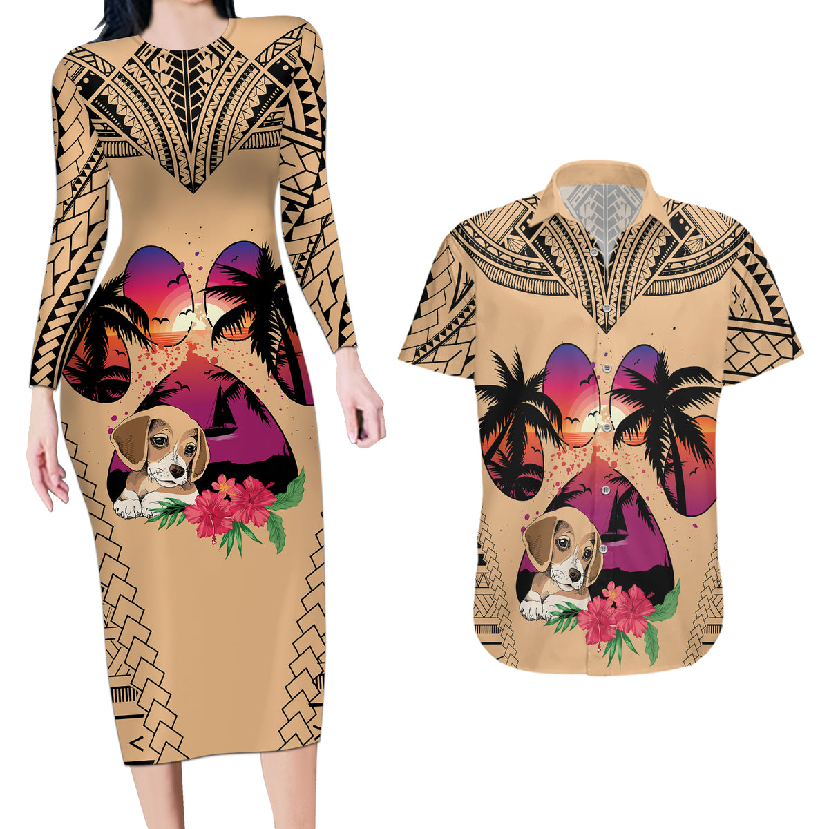 Personalised Polynesian Couples Matching Long Sleeve Bodycon Dress and Hawaiian Shirt Dog Lover With Beagle - Sunset At The Beach LT7 - Wonder Print Shop
