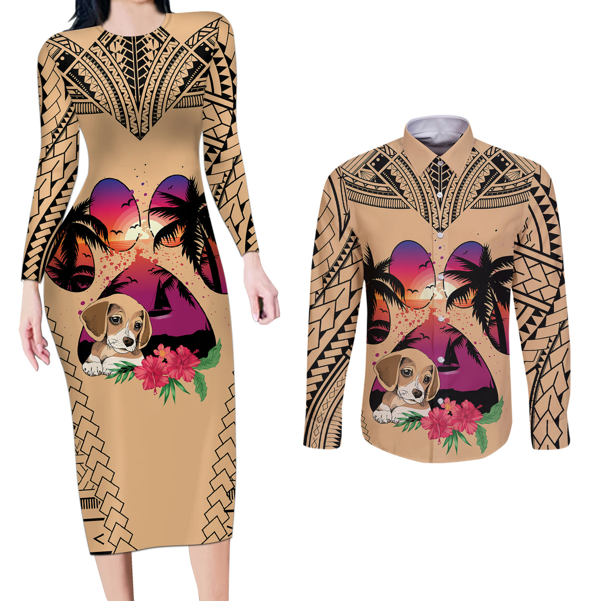 Personalised Polynesian Couples Matching Long Sleeve Bodycon Dress and Long Sleeve Button Shirts Dog Lover With Beagle - Sunset At The Beach LT7 - Wonder Print Shop