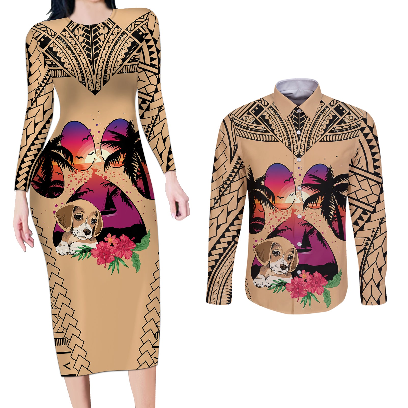 Personalised Polynesian Couples Matching Long Sleeve Bodycon Dress and Long Sleeve Button Shirts Dog Lover With Beagle - Sunset At The Beach LT7 - Wonder Print Shop