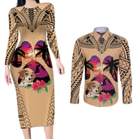 Personalised Polynesian Couples Matching Long Sleeve Bodycon Dress and Long Sleeve Button Shirts Dog Lover With Beagle - Sunset At The Beach LT7 - Wonder Print Shop