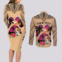 Personalised Polynesian Couples Matching Long Sleeve Bodycon Dress and Long Sleeve Button Shirts Dog Lover With Beagle - Sunset At The Beach LT7 - Wonder Print Shop