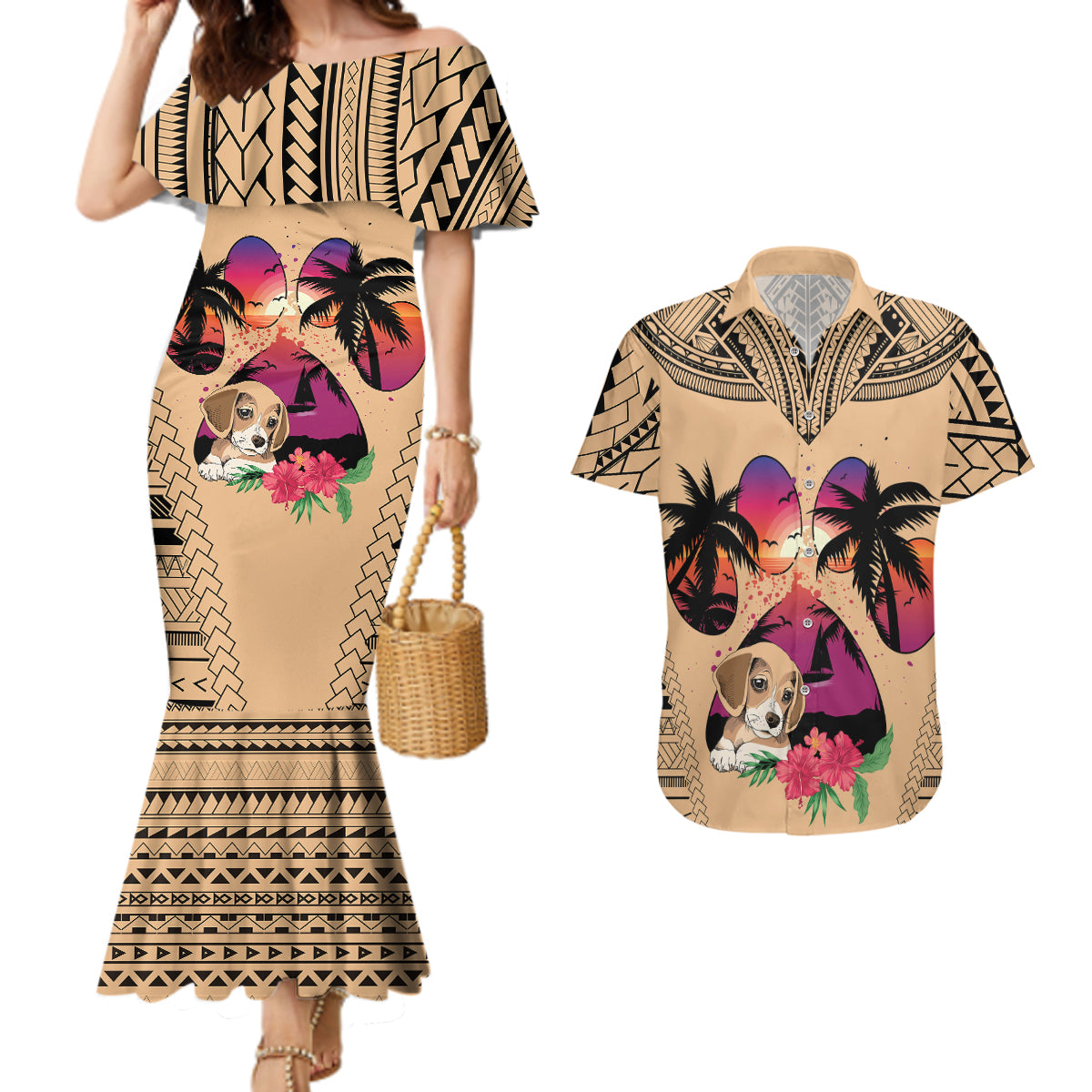 Personalised Polynesian Couples Matching Mermaid Dress And Hawaiian Shirt Dog Lover With Beagle - Sunset At The Beach LT7 - Wonder Print Shop