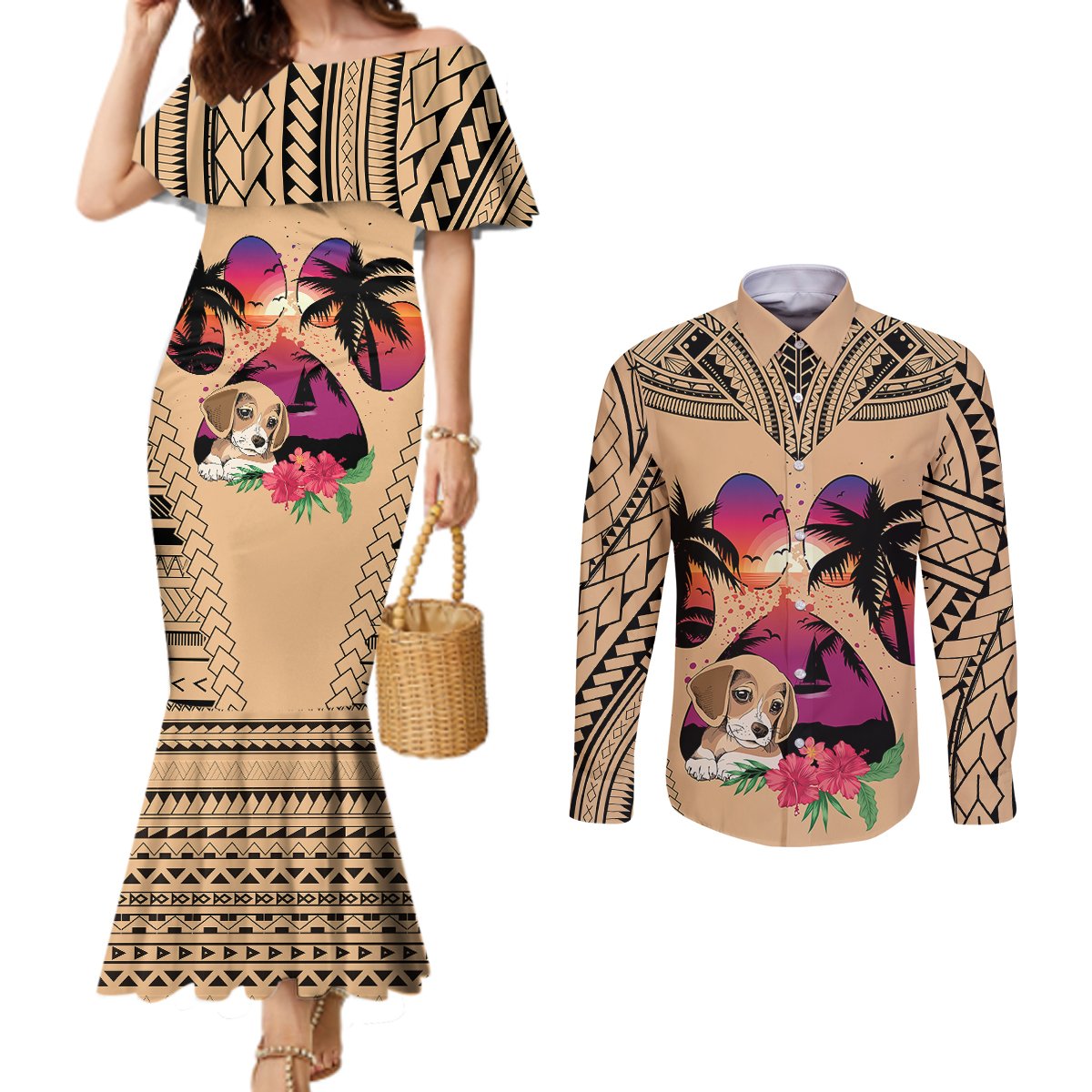 personalised-polynesian-couples-matching-mermaid-dress-and-long-sleeve-button-shirts-dog-lover-with-beagle-sunset-at-the-beach