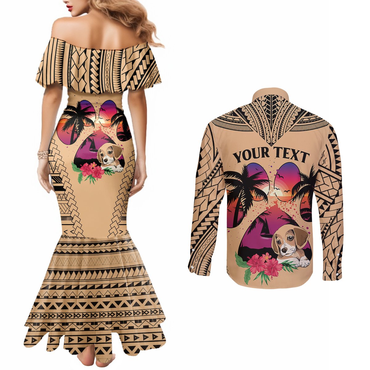 personalised-polynesian-couples-matching-mermaid-dress-and-long-sleeve-button-shirts-dog-lover-with-beagle-sunset-at-the-beach