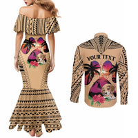 personalised-polynesian-couples-matching-mermaid-dress-and-long-sleeve-button-shirts-dog-lover-with-beagle-sunset-at-the-beach