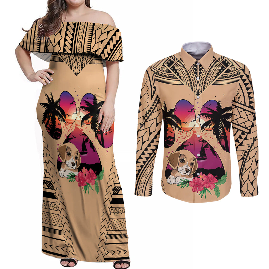 Personalised Polynesian Couples Matching Off Shoulder Maxi Dress and Long Sleeve Button Shirts Dog Lover With Beagle - Sunset At The Beach LT7 - Wonder Print Shop