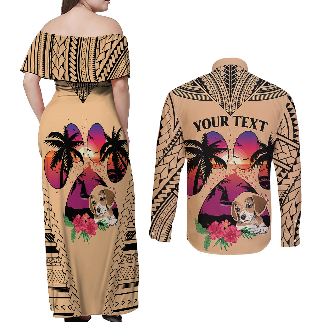 Personalised Polynesian Couples Matching Off Shoulder Maxi Dress and Long Sleeve Button Shirts Dog Lover With Beagle - Sunset At The Beach LT7 - Wonder Print Shop