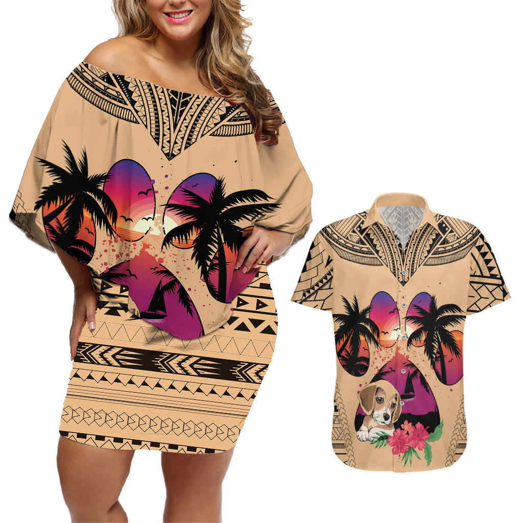 Personalised Polynesian Couples Matching Off Shoulder Short Dress and Hawaiian Shirt Dog Lover With Beagle - Sunset At The Beach LT7 - Wonder Print Shop