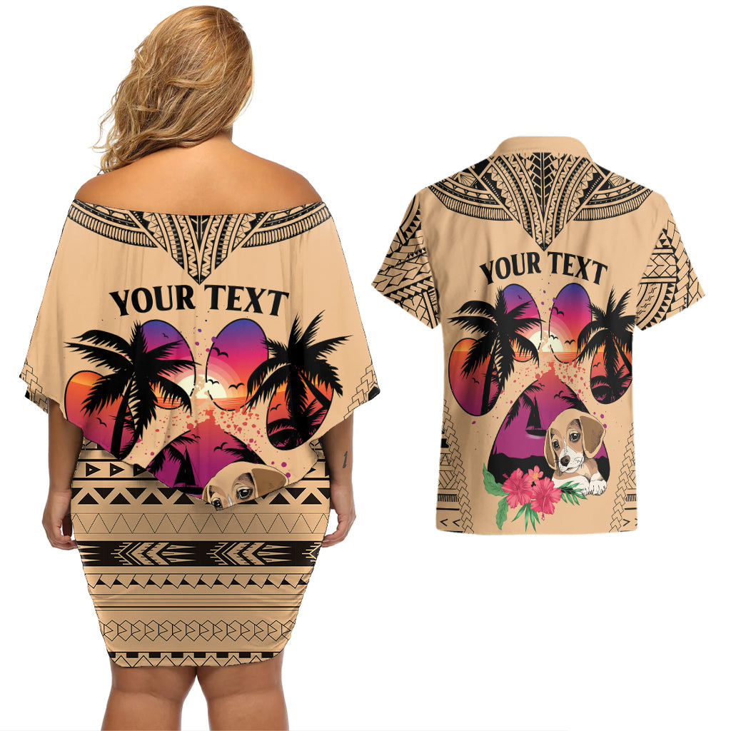 Personalised Polynesian Couples Matching Off Shoulder Short Dress and Hawaiian Shirt Dog Lover With Beagle - Sunset At The Beach LT7 - Wonder Print Shop