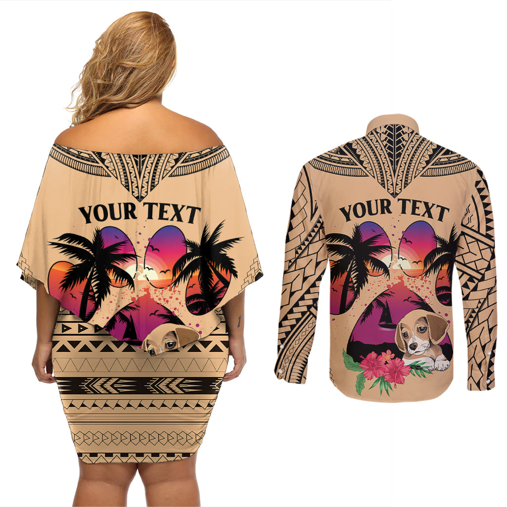 Personalised Polynesian Couples Matching Off Shoulder Short Dress and Long Sleeve Button Shirts Dog Lover With Beagle - Sunset At The Beach LT7 - Wonder Print Shop