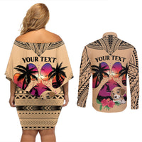 Personalised Polynesian Couples Matching Off Shoulder Short Dress and Long Sleeve Button Shirts Dog Lover With Beagle - Sunset At The Beach LT7 - Wonder Print Shop