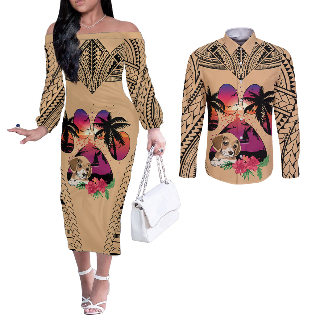 personalised-polynesian-couples-matching-off-the-shoulder-long-sleeve-dress-and-long-sleeve-button-shirts-dog-lover-with-beagle-sunset-at-the-beach
