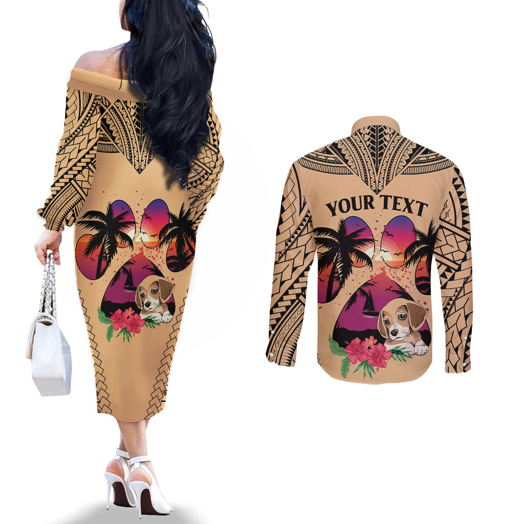 personalised-polynesian-couples-matching-off-the-shoulder-long-sleeve-dress-and-long-sleeve-button-shirts-dog-lover-with-beagle-sunset-at-the-beach