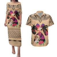 Personalised Polynesian Couples Matching Puletasi Dress and Hawaiian Shirt Dog Lover With Beagle - Sunset At The Beach LT7 - Wonder Print Shop