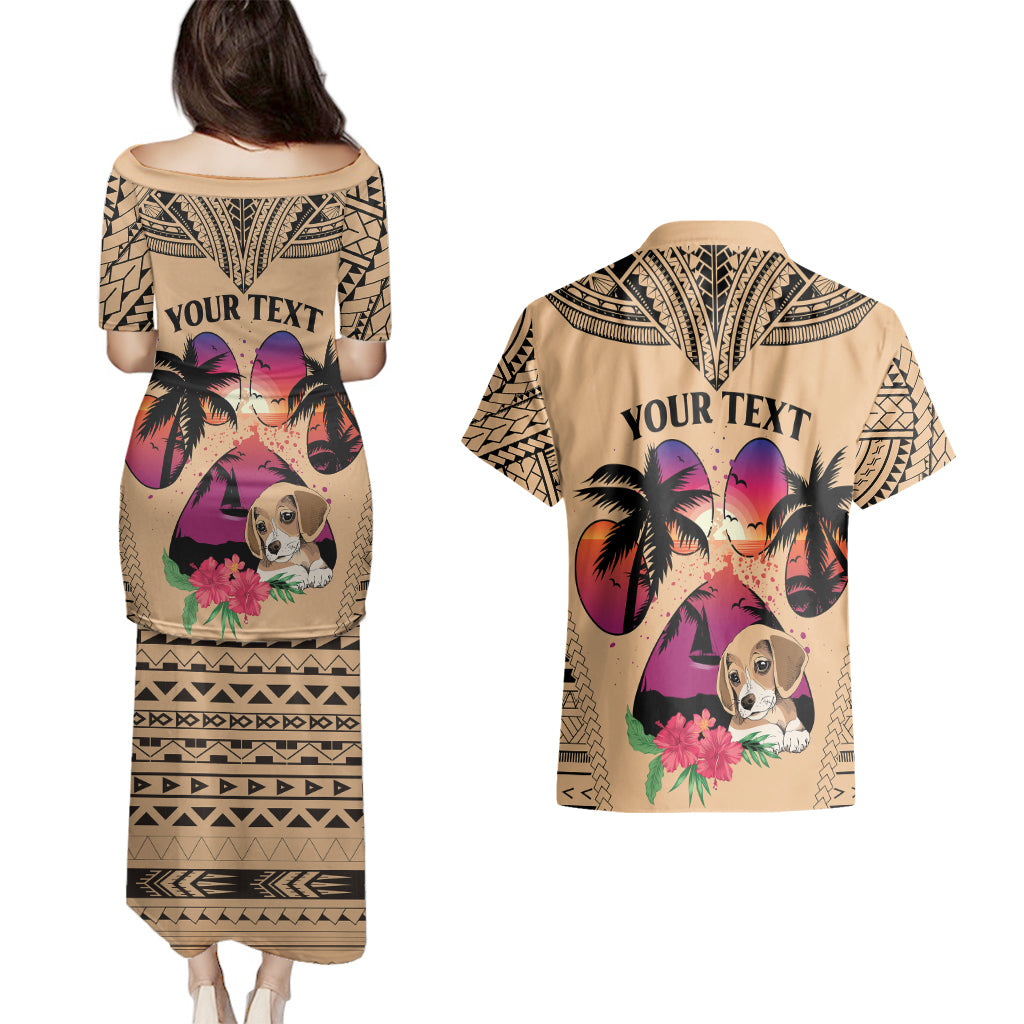 Personalised Polynesian Couples Matching Puletasi Dress and Hawaiian Shirt Dog Lover With Beagle - Sunset At The Beach LT7 - Wonder Print Shop