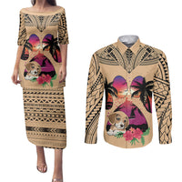 Personalised Polynesian Couples Matching Puletasi Dress and Long Sleeve Button Shirts Dog Lover With Beagle - Sunset At The Beach LT7 - Wonder Print Shop