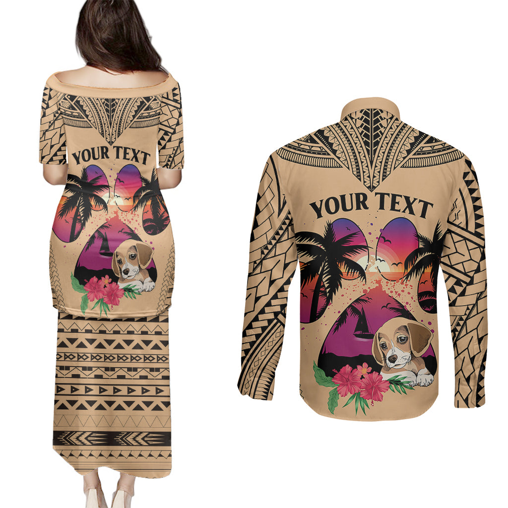 Personalised Polynesian Couples Matching Puletasi Dress and Long Sleeve Button Shirts Dog Lover With Beagle - Sunset At The Beach LT7 - Wonder Print Shop