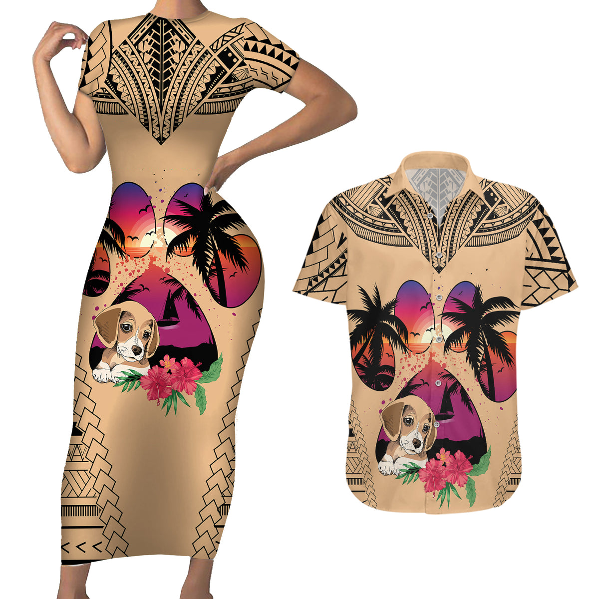 Personalised Polynesian Couples Matching Short Sleeve Bodycon Dress and Hawaiian Shirt Dog Lover With Beagle - Sunset At The Beach LT7 - Wonder Print Shop