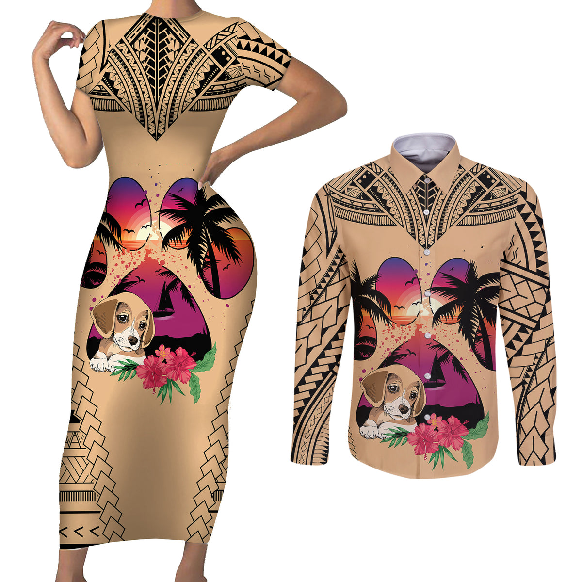 Personalised Polynesian Couples Matching Short Sleeve Bodycon Dress and Long Sleeve Button Shirts Dog Lover With Beagle - Sunset At The Beach LT7 - Wonder Print Shop