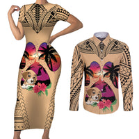 Personalised Polynesian Couples Matching Short Sleeve Bodycon Dress and Long Sleeve Button Shirts Dog Lover With Beagle - Sunset At The Beach LT7 - Wonder Print Shop