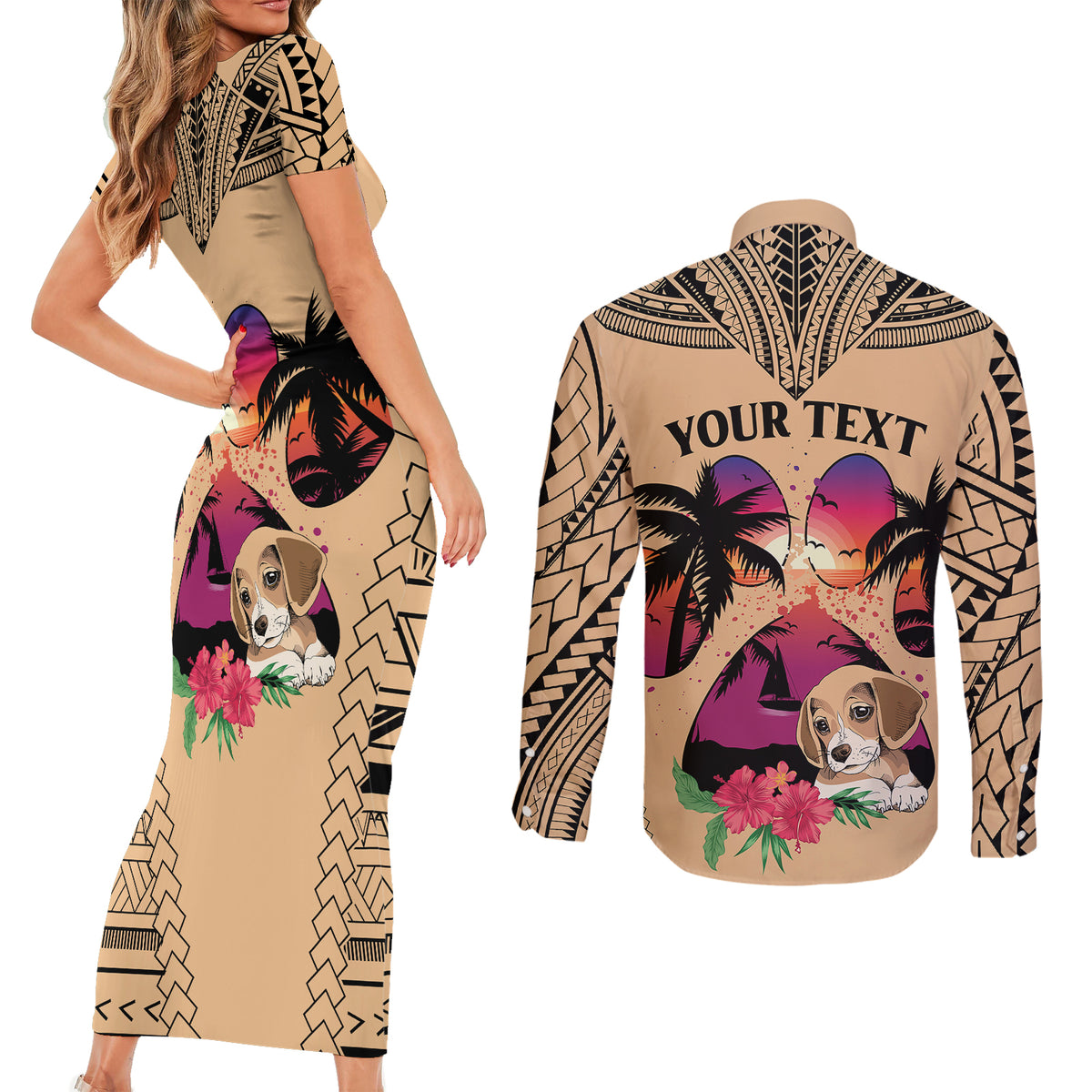 Personalised Polynesian Couples Matching Short Sleeve Bodycon Dress and Long Sleeve Button Shirts Dog Lover With Beagle - Sunset At The Beach LT7 - Wonder Print Shop