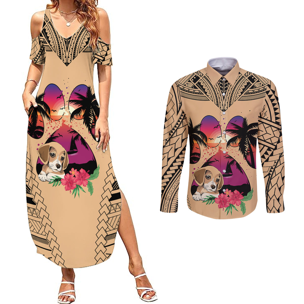 Personalised Polynesian Couples Matching Summer Maxi Dress and Long Sleeve Button Shirts Dog Lover With Beagle - Sunset At The Beach LT7 - Wonder Print Shop