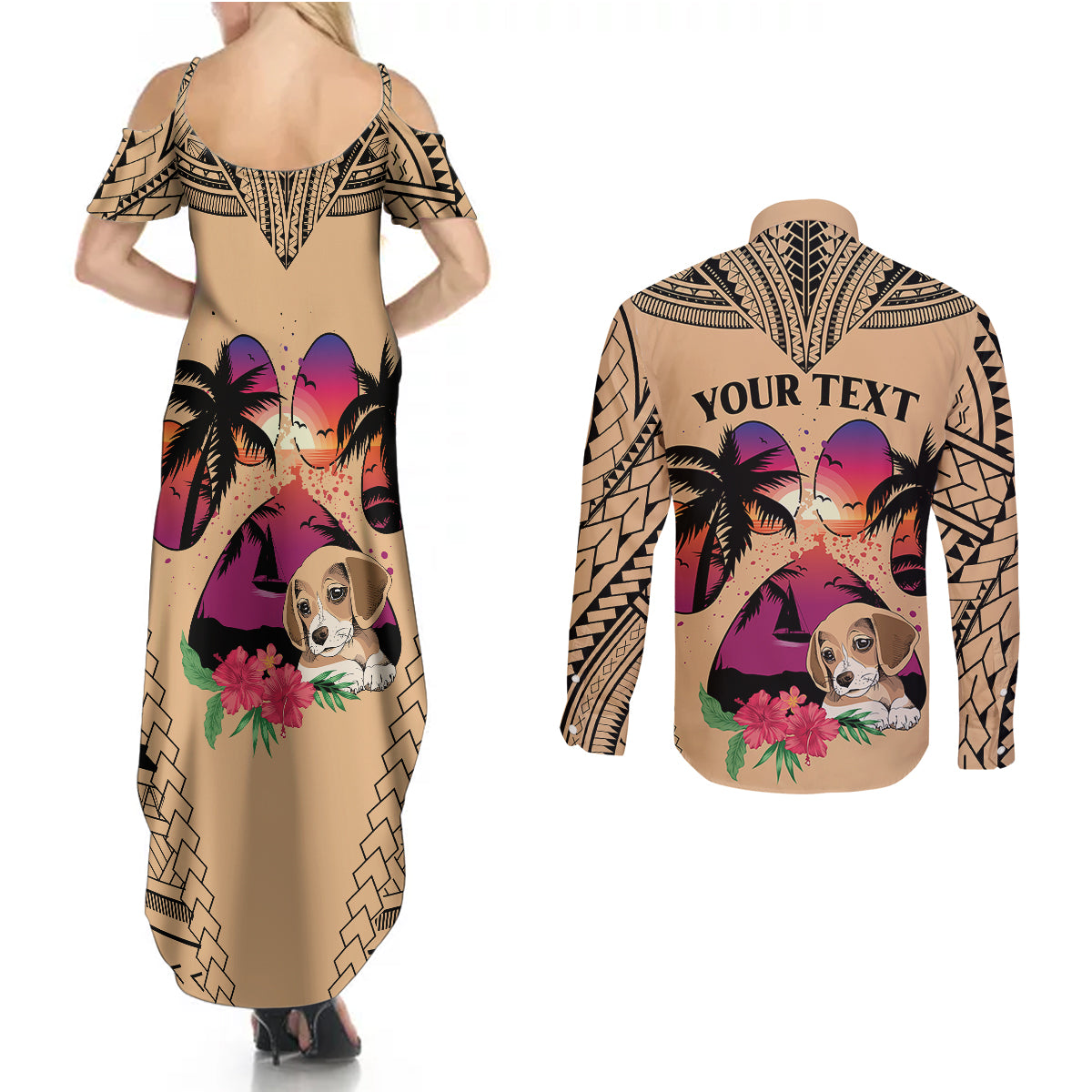 Personalised Polynesian Couples Matching Summer Maxi Dress and Long Sleeve Button Shirts Dog Lover With Beagle - Sunset At The Beach LT7 - Wonder Print Shop